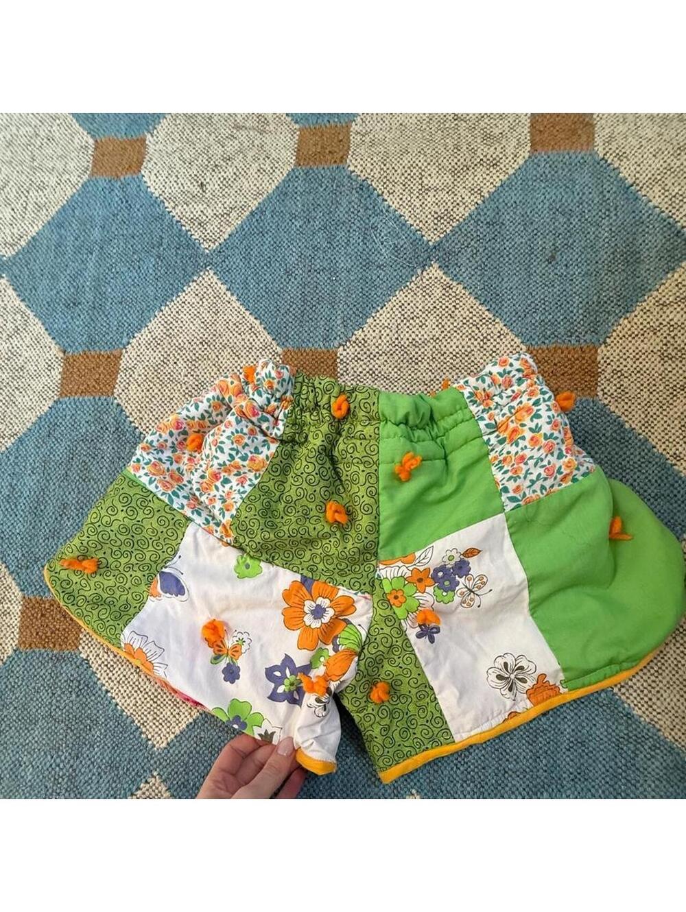 Handmade quilt Green and orange patchwork shorts with elastic waistband